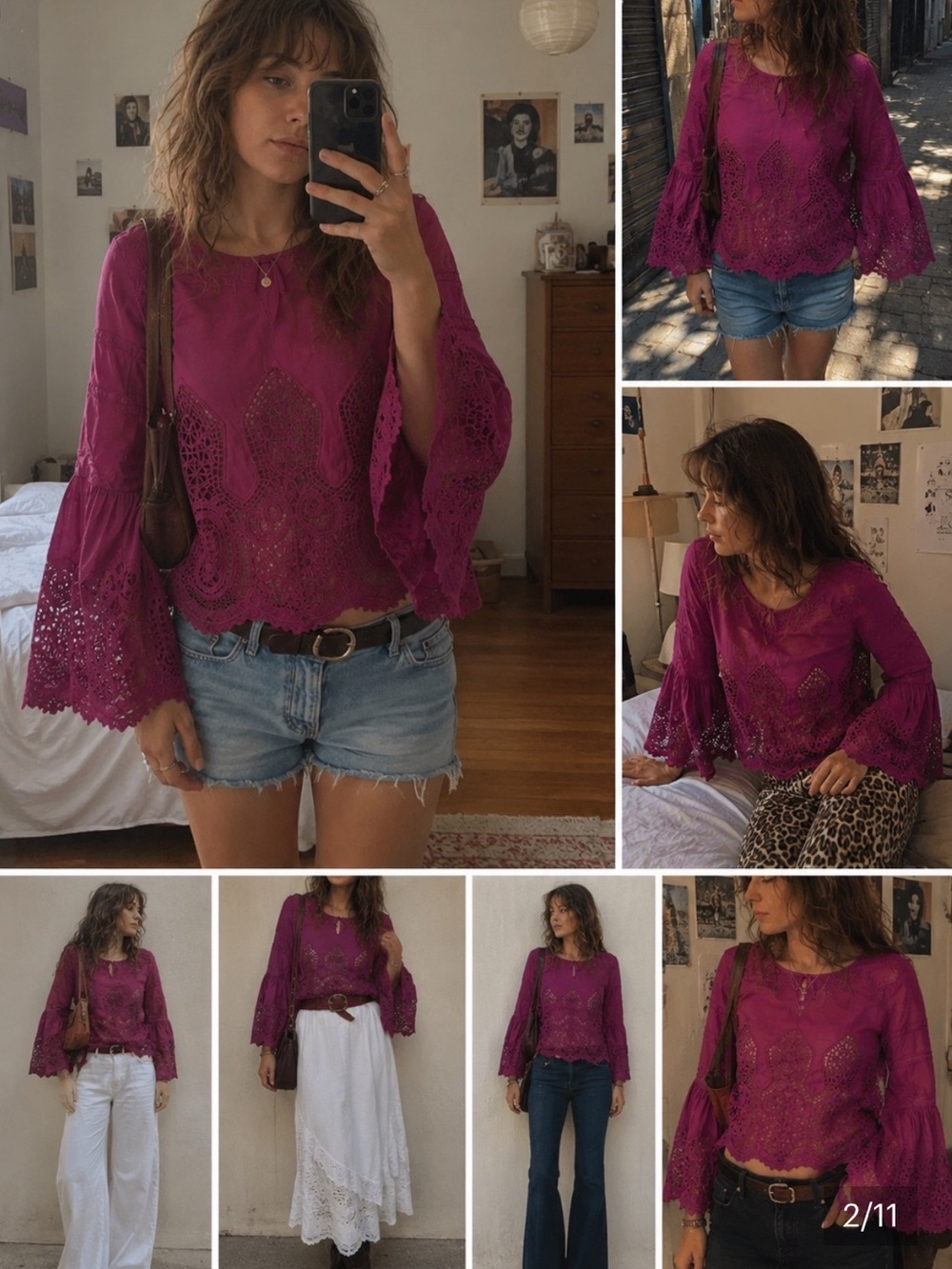 Anthropologie Chloe Oliver Magenta Bell Sleeve Lace Top - Picture 5 of 5